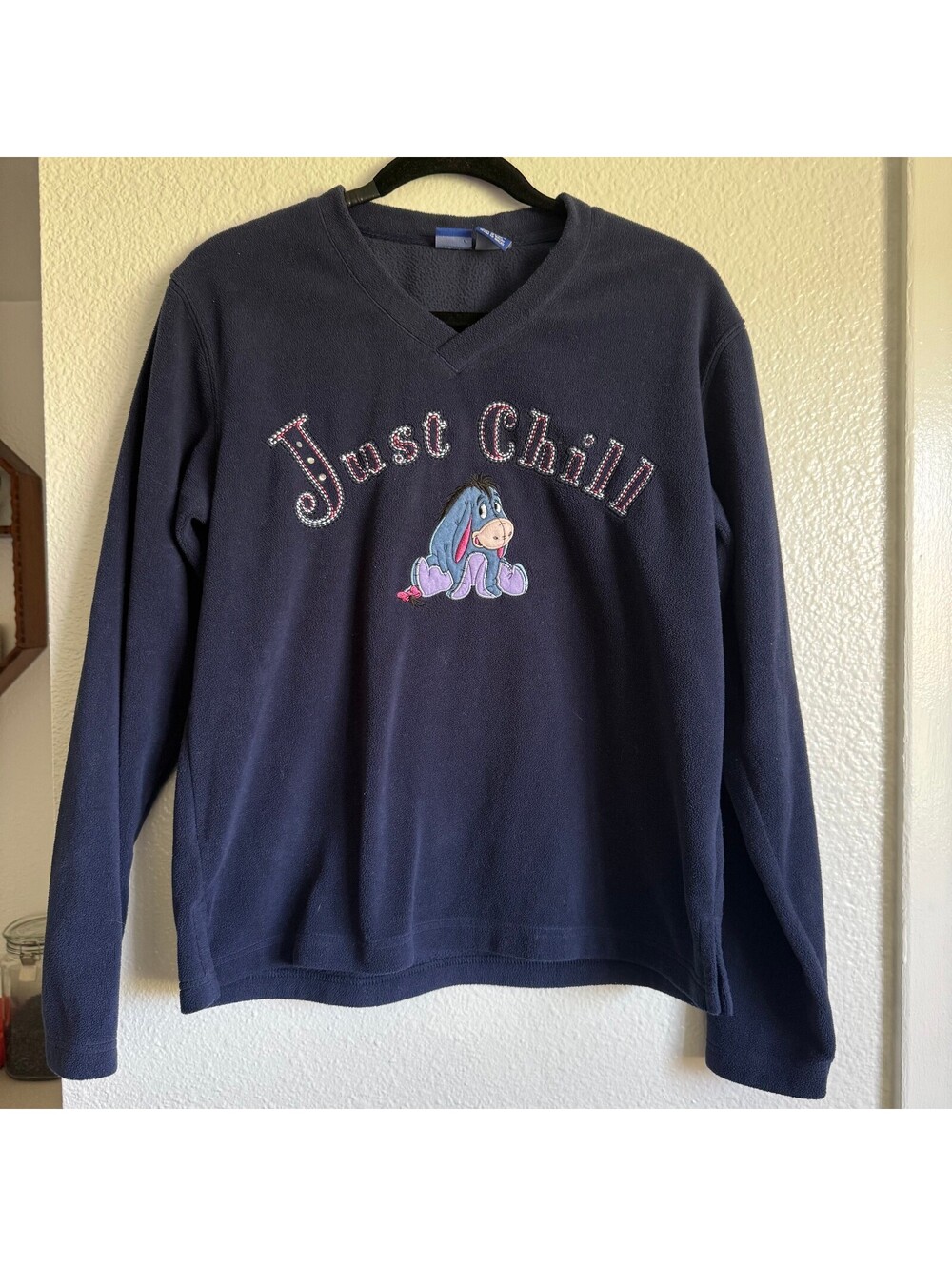 Vintage Y2K Disney Eeyore Just Chill Fleece Pullover Navy Blue V Neck M